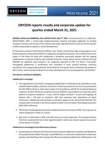 Thumbnail Oryzon Genomics Quarterly Report 2021-q1