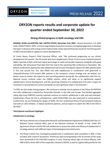 Thumbnail Oryzon Genomics Quarterly Report 2022-q3