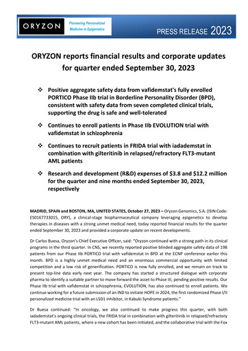 Thumbnail Oryzon Genomics Quarterly Report 2023-q3