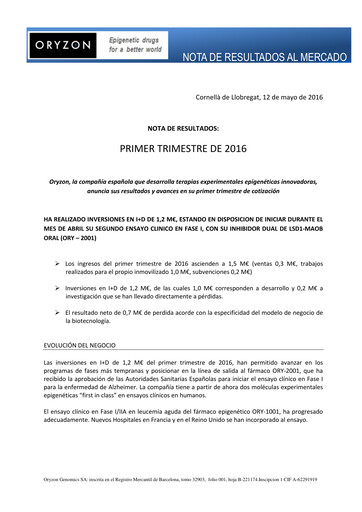 Thumbnail Oryzon Genomics Quarterly Report 2016-q1