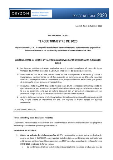 Thumbnail Oryzon Genomics Quarterly Report 2020-q3