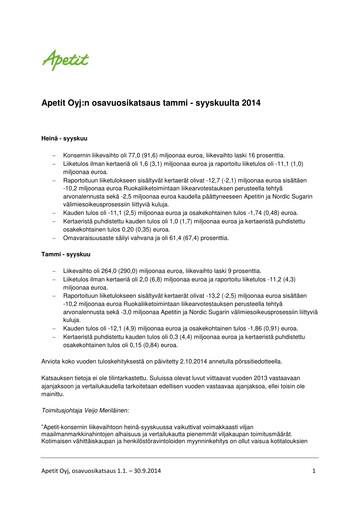 Thumbnail Apetit Oyj Quarterly Report 2014-q3