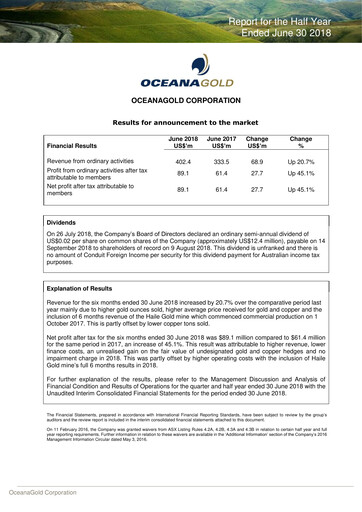 Thumbnail OceanaGold Financial Statement 2018-q2