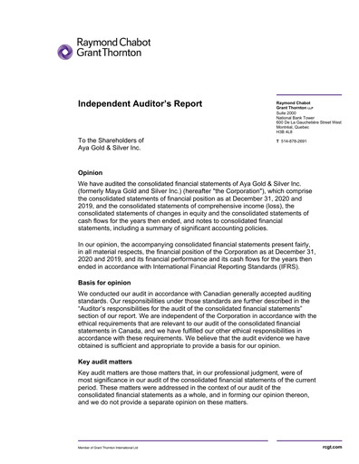 Vorschaubild Aya Gold & Silver Finanzmitteilung 2020-q4