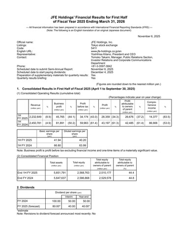 Thumbnail JFE Holdings Half-year Report 2025-h1