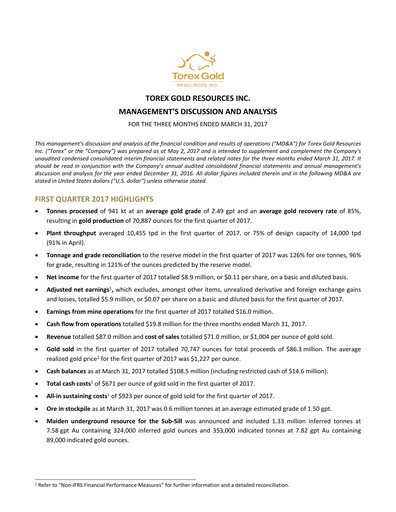 Vorschaubild Torex Gold Resources Quartalsbericht 2017-q1