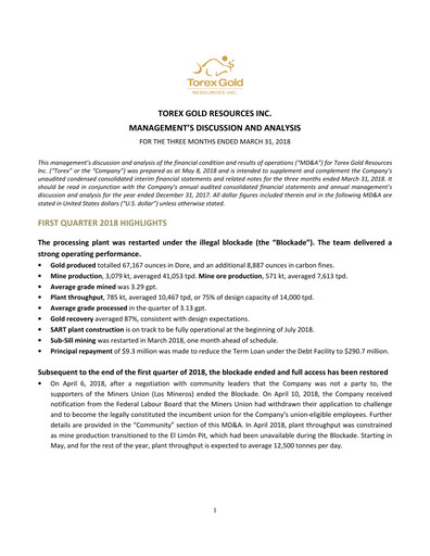 Vorschaubild Torex Gold Resources Quartalsbericht 2018-q1