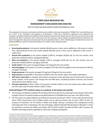 Vorschaubild Torex Gold Resources Quartalsbericht 2018-q3