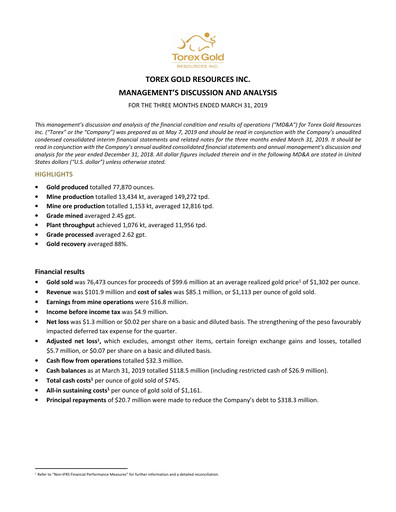 Vorschaubild Torex Gold Resources Quartalsbericht 2019-q1