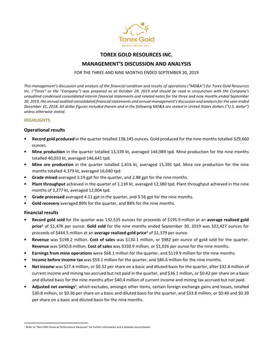 Vorschaubild Torex Gold Resources Quartalsbericht 2019-q3