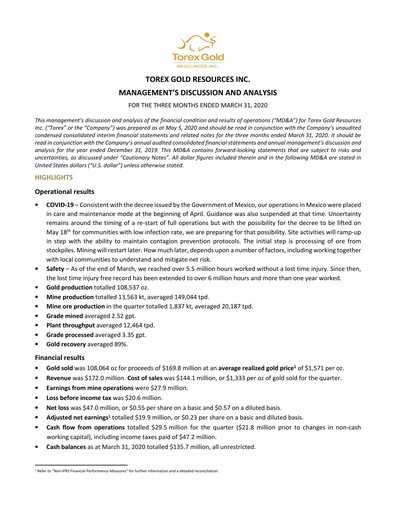 Vorschaubild Torex Gold Resources Quartalsbericht 2020-q1