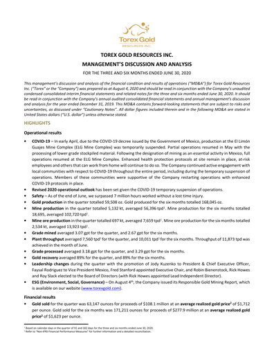 Vorschaubild Torex Gold Resources Quartalsbericht 2020-q2