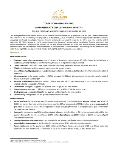 Vorschaubild Torex Gold Resources Quartalsbericht 2020-q3