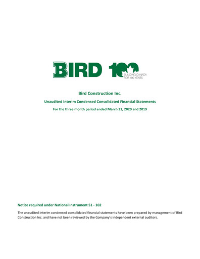 Vorschaubild Bird Construction Finanzmitteilung 2020-q1