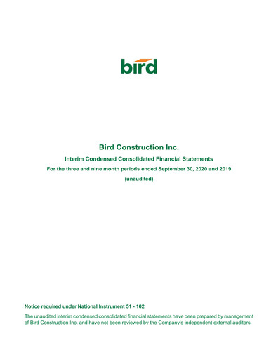 Vorschaubild Bird Construction Finanzmitteilung 2020-q3