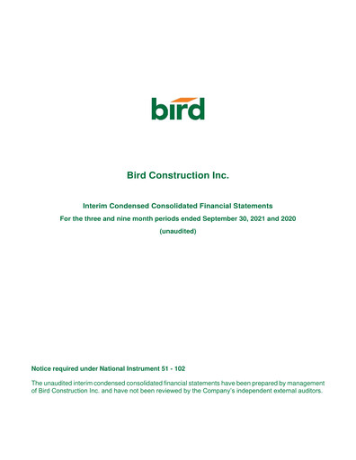 Vorschaubild Bird Construction Finanzmitteilung 2021-q3