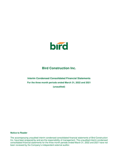 Vorschaubild Bird Construction Finanzmitteilung 2022-q1