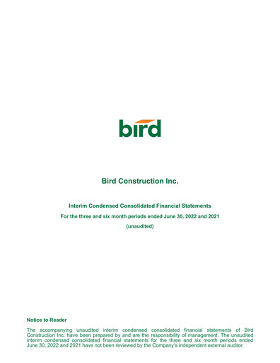 Vorschaubild Bird Construction Finanzmitteilung 2022-q2