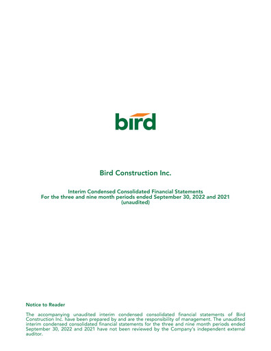 Vorschaubild Bird Construction Finanzmitteilung 2022-q3