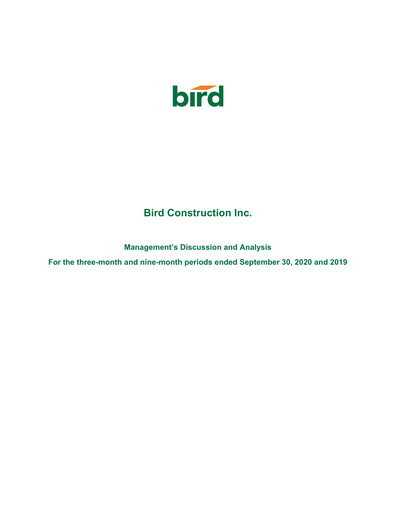 Vorschaubild Bird Construction Quartalsbericht 2020-q3