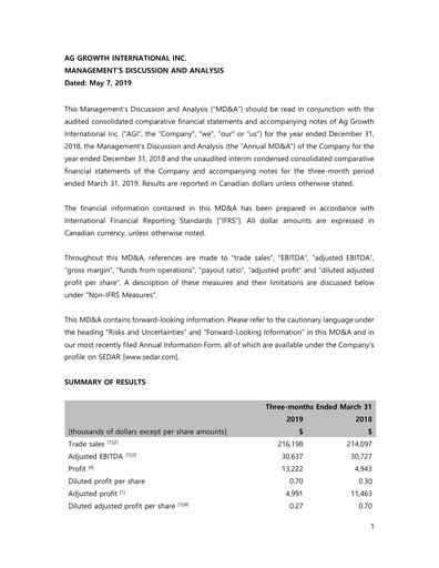 Thumbnail Ag Growth International Quarterly Report 2019-q1