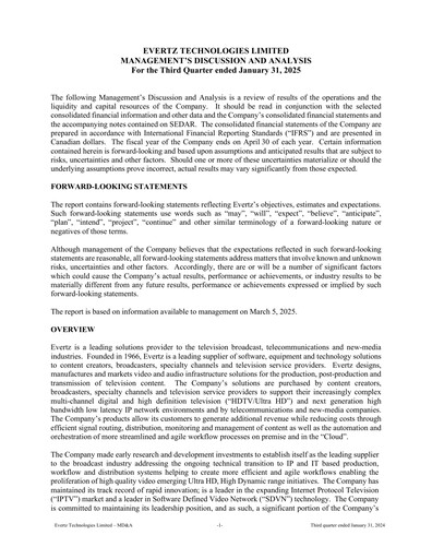 Miniature Evertz Technologies Rapport trimestriel 2025-q3