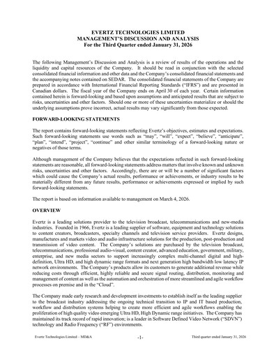 Miniature Evertz Technologies Rapport trimestriel 2026-q3