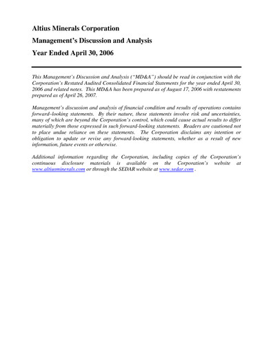 Vorschaubild Altius Minerals Finanzbericht 2006