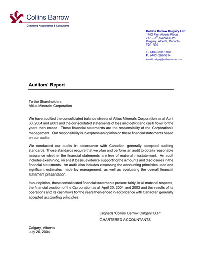 Thumbnail Altius Minerals Financial Statement 2004