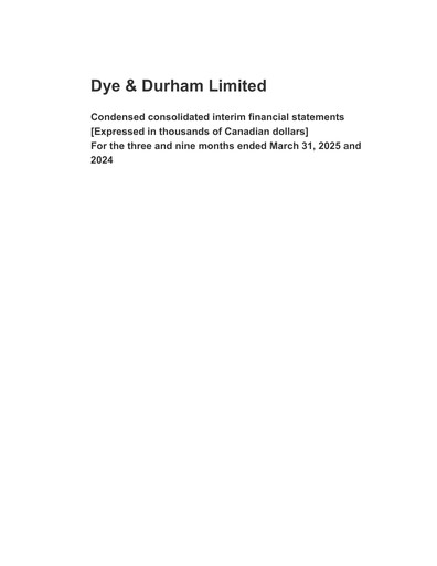 Miniature Dye & Durham Bilan financier 2025-q3