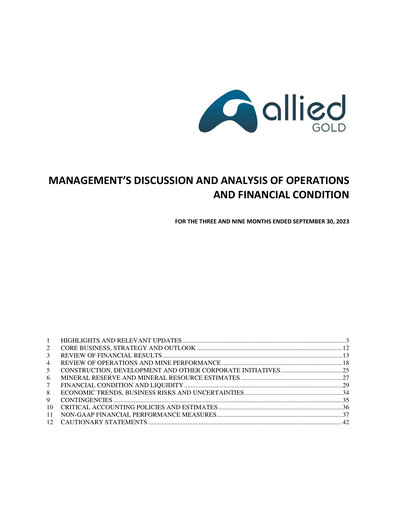 Miniature Allied Gold Corporation Rapport trimestriel 2023-q3
