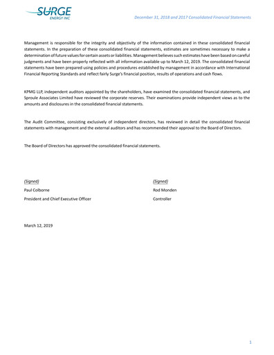 Thumbnail Surge Energy Financial Statement 2018