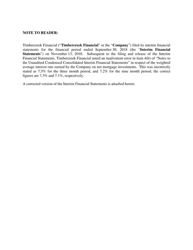 Thumbnail Timbercreek Financial Quarterly Report 2018-q3