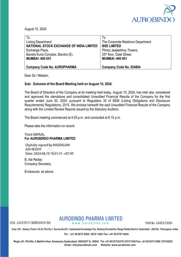 Thumbnail Aurobindo Pharma
 Quarterly Report 2024-q1