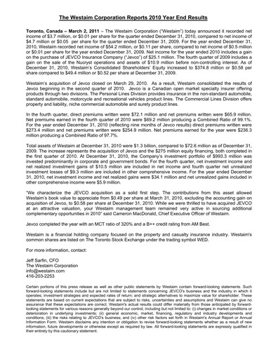 Thumbnail The Westaim Corporation Annual Report 2010