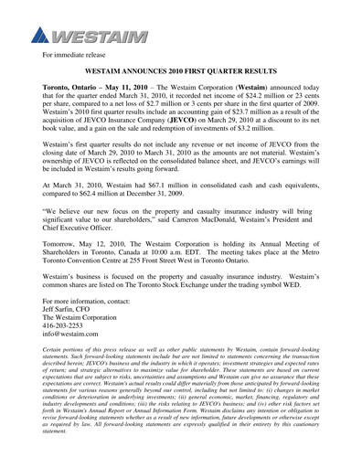 Thumbnail The Westaim Corporation Quarterly Report 2010-q1