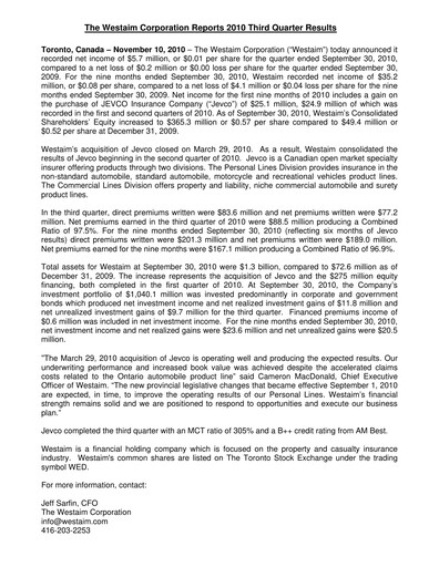 Thumbnail The Westaim Corporation Quarterly Report 2010-q3