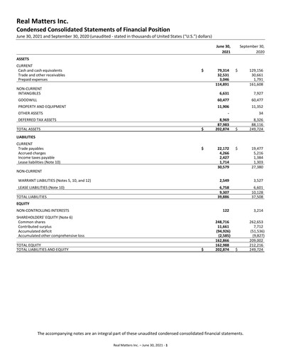 Thumbnail Real Matters Financial Statement 2021-q3