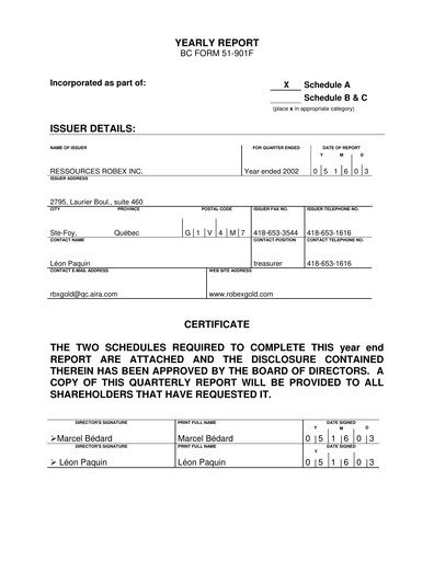Thumbnail Robex Resources Financial Statement 2002