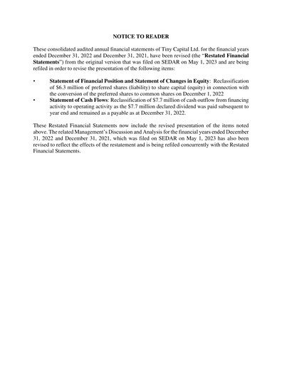 Miniature Tiny Ltd. Bilan financier 2022