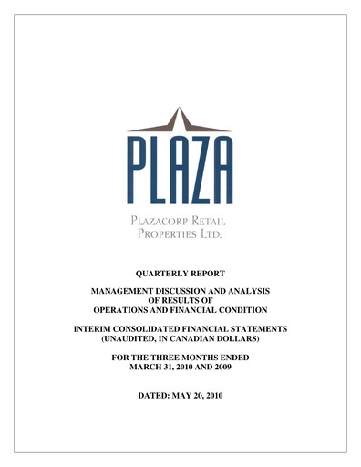 Miniature Plaza Retail REIT Rapport trimestriel 2010-q1