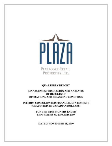 Miniature Plaza Retail REIT Rapport trimestriel 2010-q3