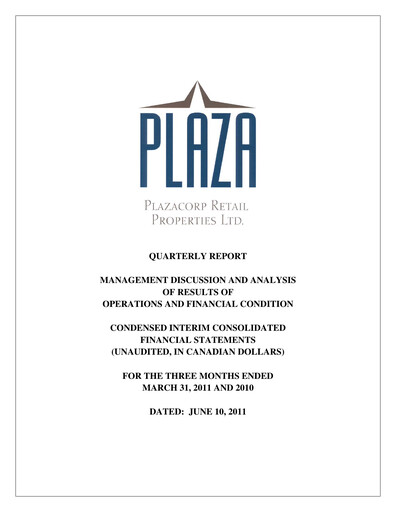 Miniature Plaza Retail REIT Rapport trimestriel 2011-q1