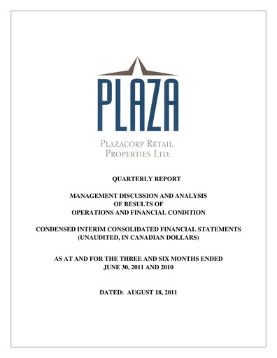 Miniature Plaza Retail REIT Rapport trimestriel 2011-q2