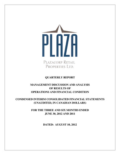 Miniature Plaza Retail REIT Rapport trimestriel 2012-q2
