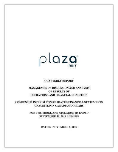 Miniature Plaza Retail REIT Rapport trimestriel 2019-q3