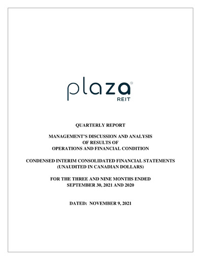 Miniature Plaza Retail REIT Rapport trimestriel 2021-q3