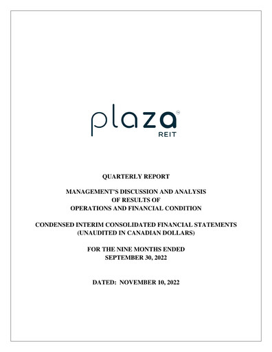 Miniature Plaza Retail REIT Rapport trimestriel 2022-q3