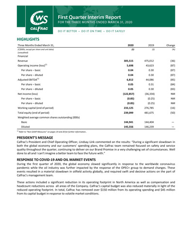 Thumbnail Calfrac Well Services Quarterly Report 2020-q1