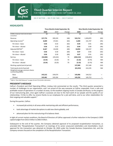 Thumbnail Calfrac Well Services Quarterly Report 2020-q3
